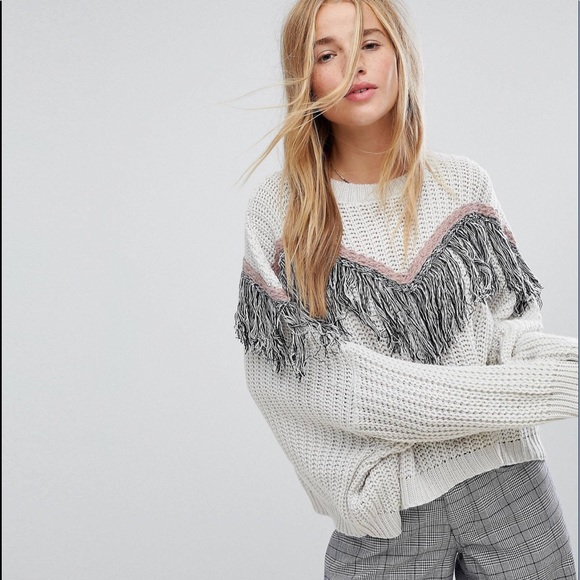 Pull&Bear Fringe Detail Chevron Sweater - Picture 6 of 14